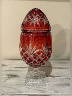 Vintage Ruby Cut to Clear Crystal Egg Covered Pedestal Candy Dish Chalice